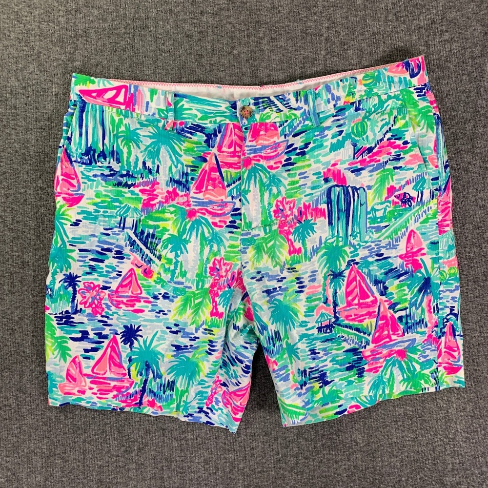 Lilly Pulizter Beaumont Shorts Men 40x9 Boats Sailing Pink Colorful Geometric